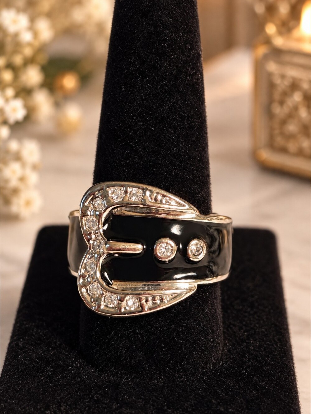 Vintage Camille Lucie Black Enamel Rhinestone Belt Buckle Ring – Approx. Size 6½